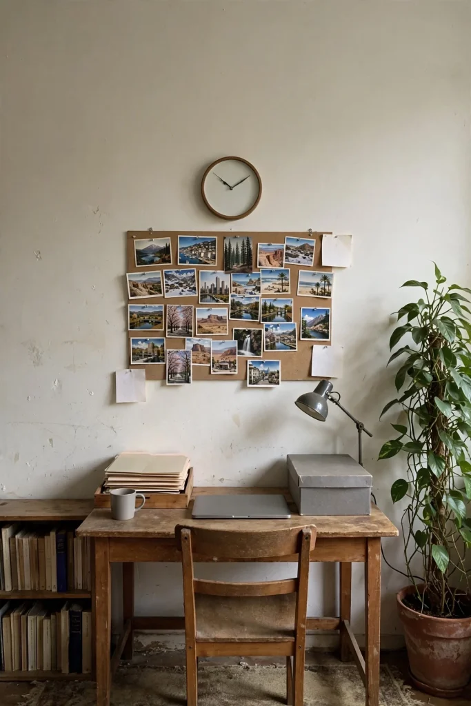 Wooden desk with a closed laptop, lamp, archive box and folders under a cork board covered in postcards, beside a bookshelf and a tall houseplant