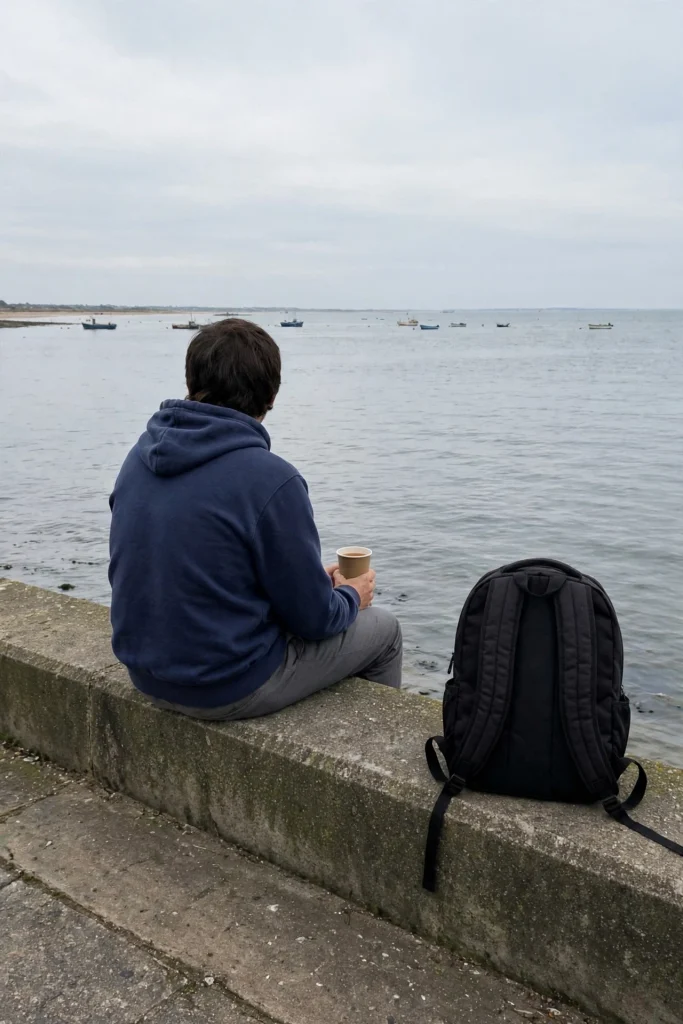 Person seen from behind sitting on a low seawall holding a cup of tea and looking at a calm sea, with a backpack set beside them
