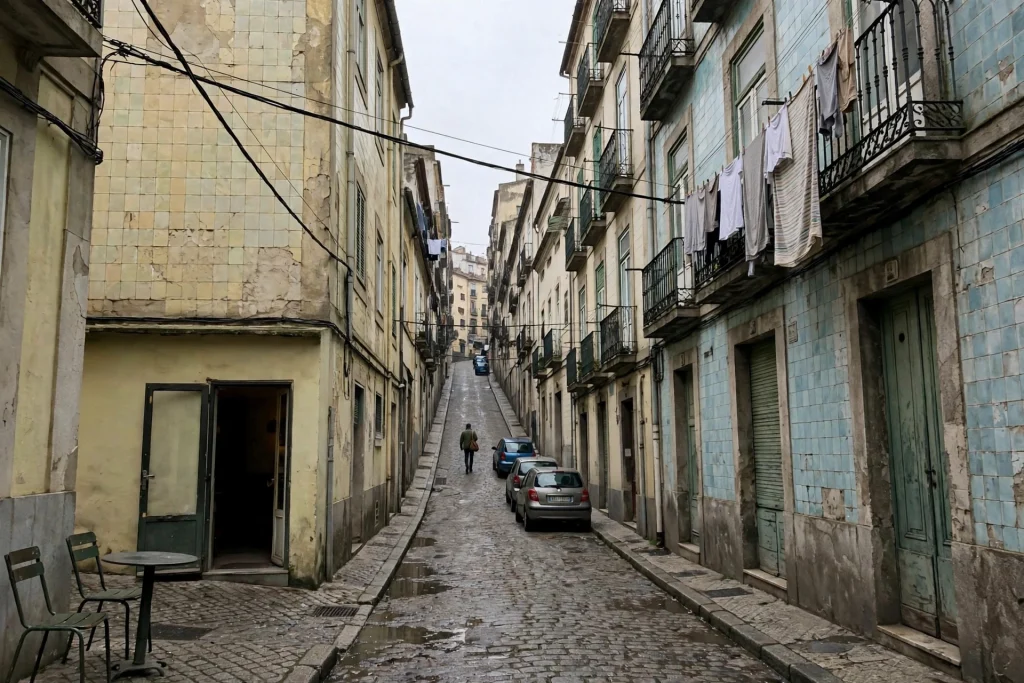 Steep narrow cobbled street with tiled building facades, laundry on balconies, parked cars and a small cafe table outside an open door
