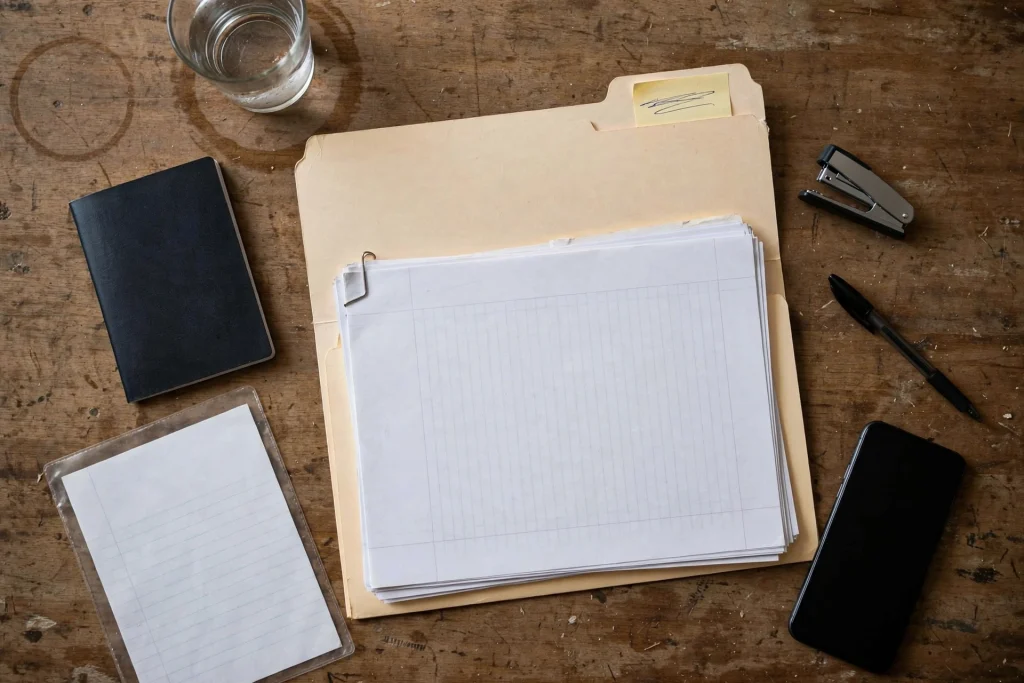 Overhead view of an open document folder with plain papers, a passport, a plastic sleeve, a stapler, a pen and a phone on a worn wooden table