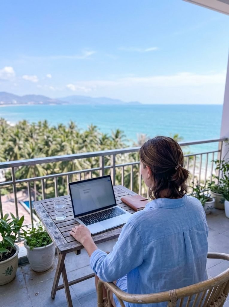 A remote worker on a balcony with a laptop, looking out at palm trees and the ocean