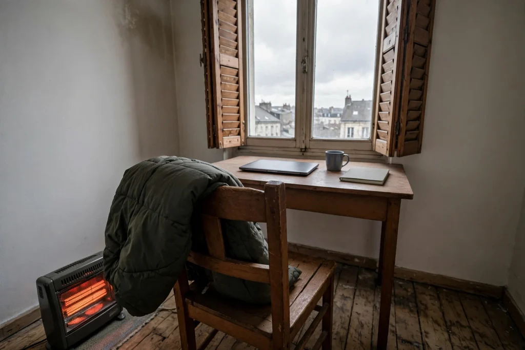 Wooden desk by a shuttered window with a closed laptop, a mug, a jacket over the chair and a glowing portable electric heater on the floor