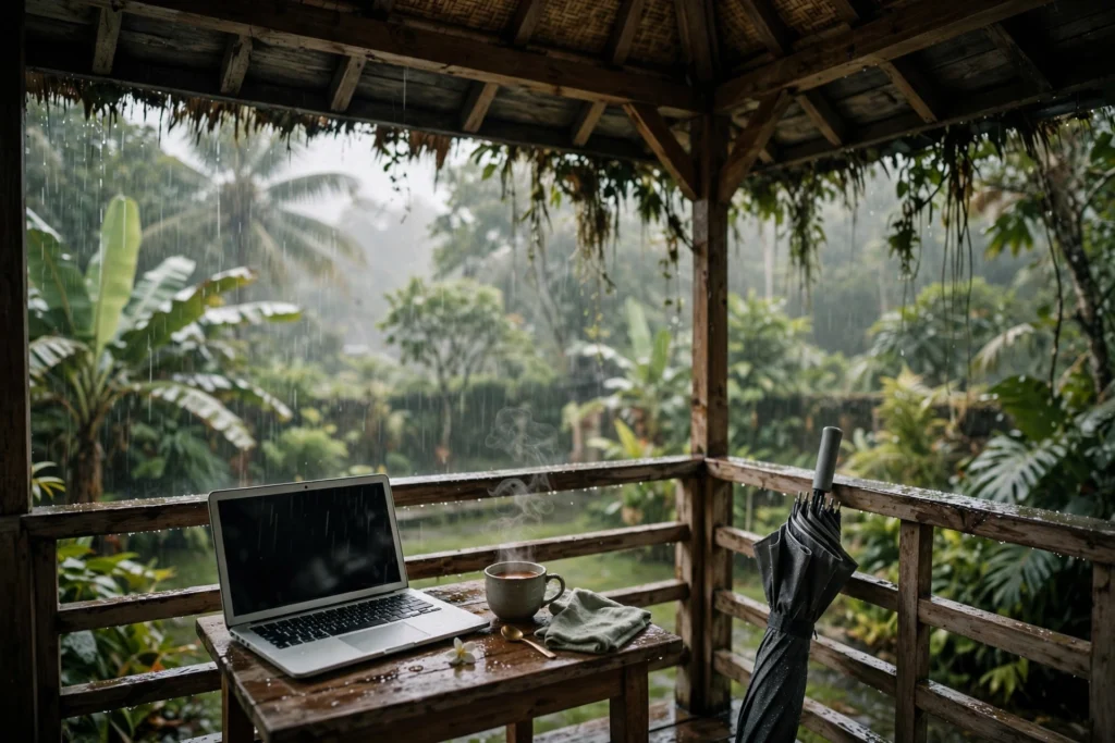Covered wooden balcony in Bali during a tropical downpour with a laptop, a steaming cup of tea and a closed umbrella overlooking a lush garden