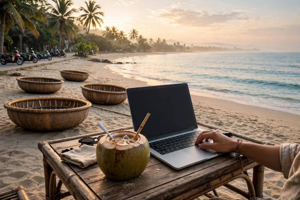 Hand on a laptop at a café table on a sandy beach at sunrise, with a coconut drink, round basket boats on the sand, palm trees, a calm sea and parked scooters