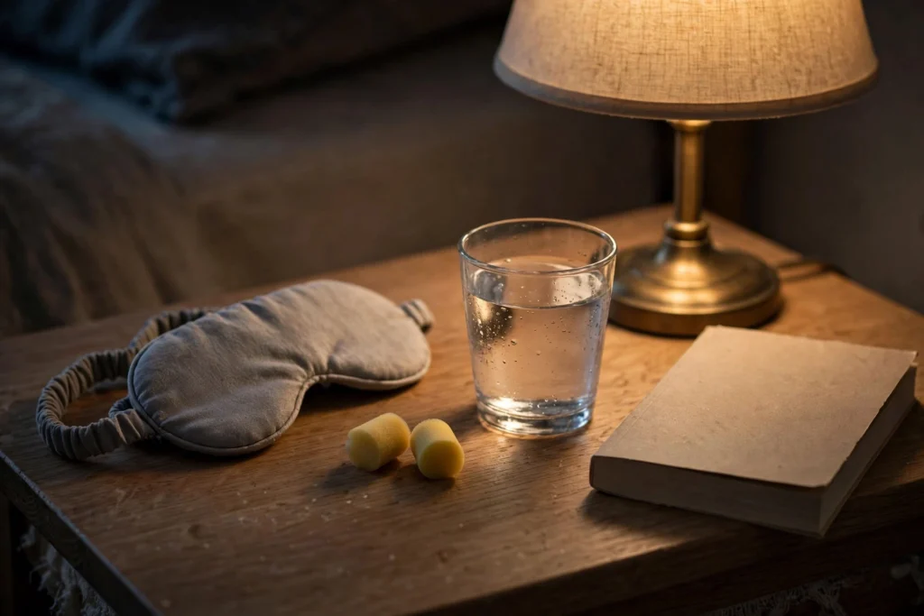 Grey sleep eye mask, two foam earplugs, a glass of water and a closed paperback book on a wooden bedside table beside a lit lamp