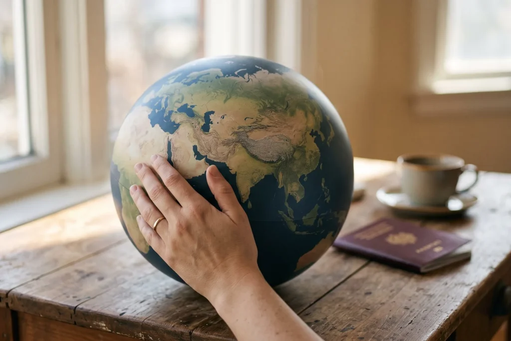 Hand resting on a tabletop globe on a wooden desk beside a passport and a coffee cup