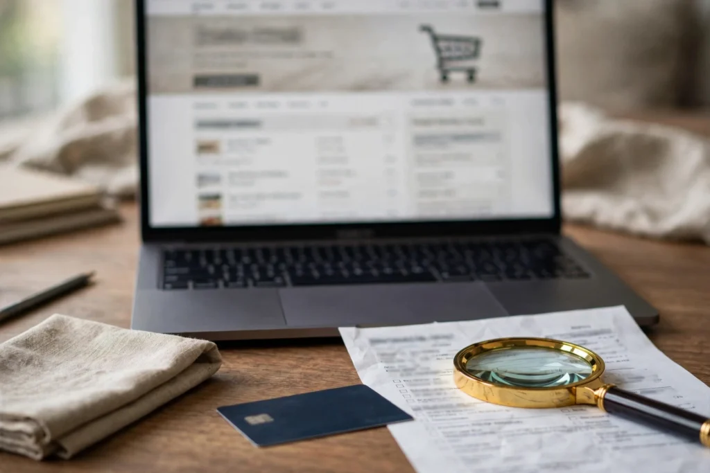 Laptop with an online shop page, a bank card and a magnifying glass over a receipt
