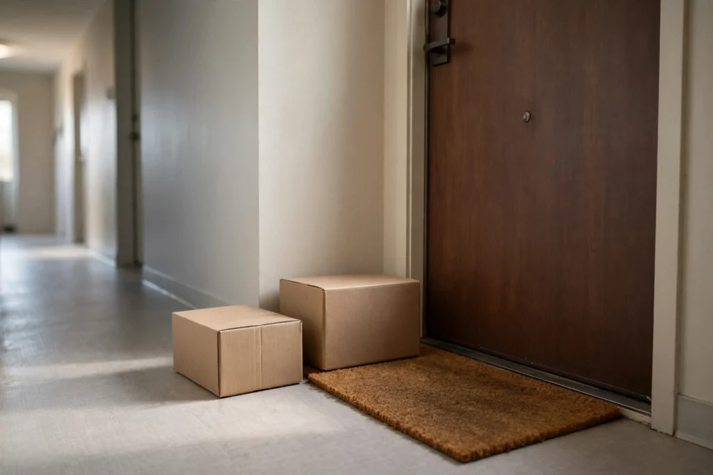 Two cardboard parcels left outside an apartment door beside a doormat