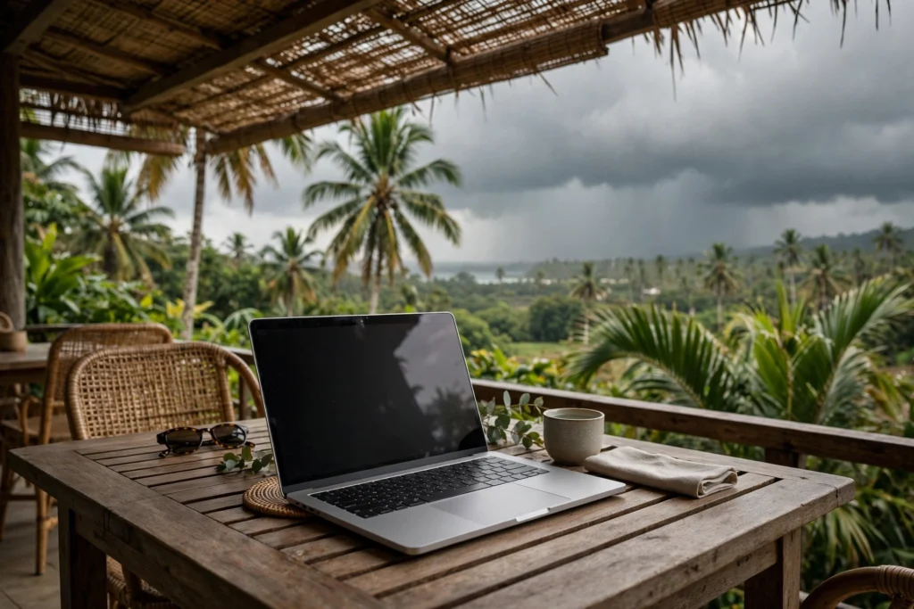 Open laptop on a wooden table on a covered terrace overlooking palm trees with dark storm clouds and rain in the distance