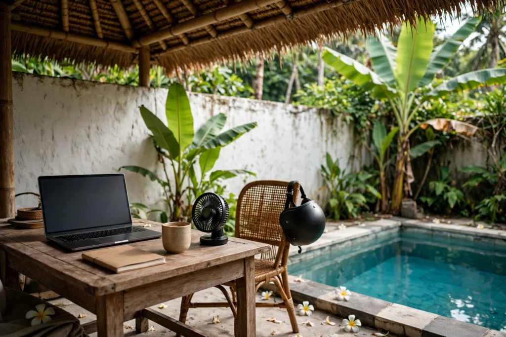 Shaded outdoor desk with a laptop, notebook and small fan beside a plunge pool at a Canggu villa, with a scooter helmet on a rattan chair