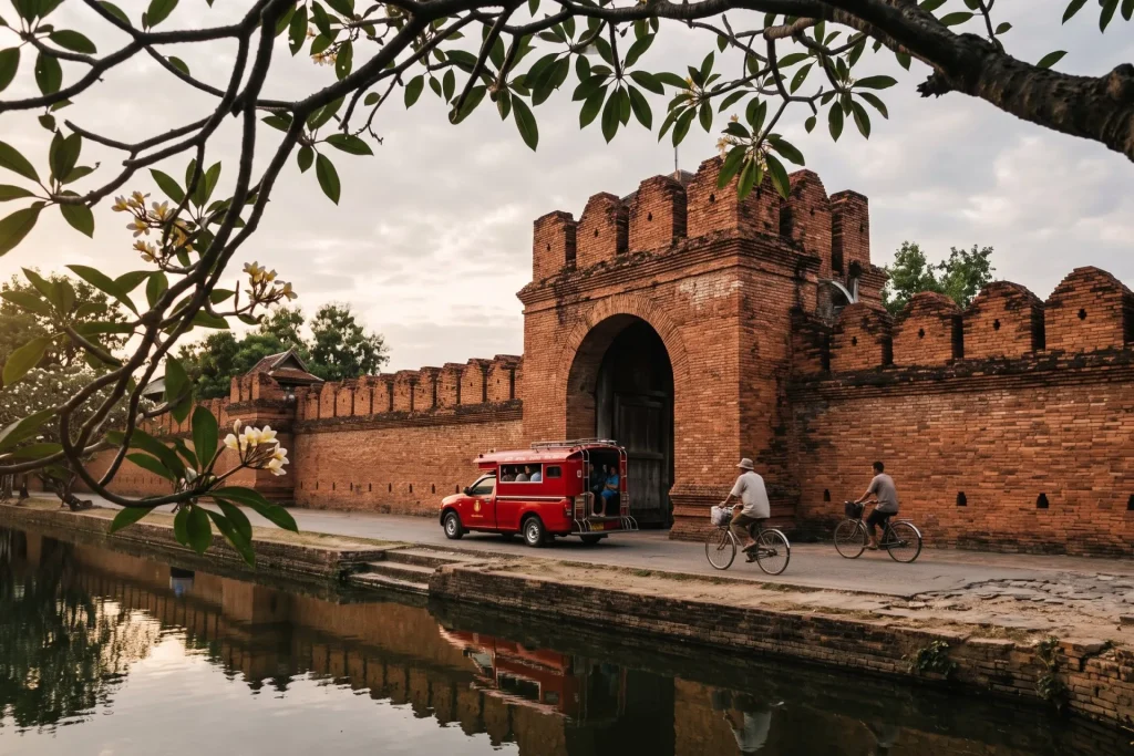 Red-brick old city gate and wall beside a moat with a red shared taxi and cyclists passing