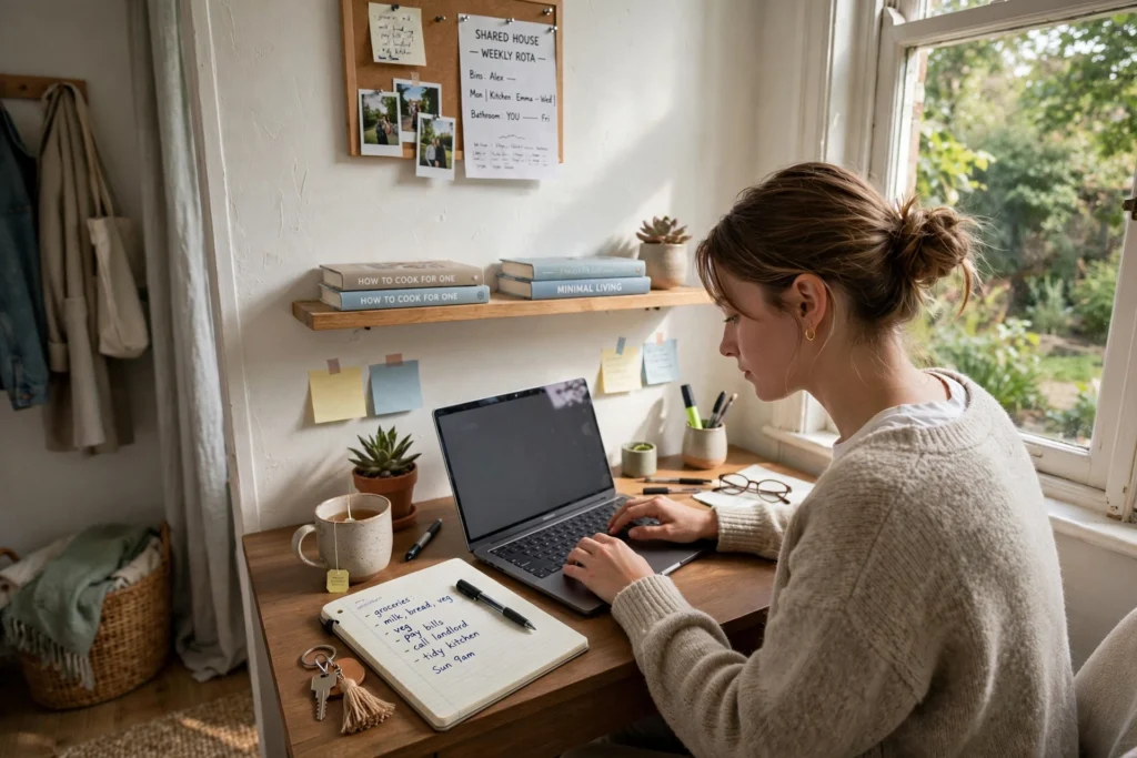 Person working on a laptop at a small desk in a private room with a window and a notebook