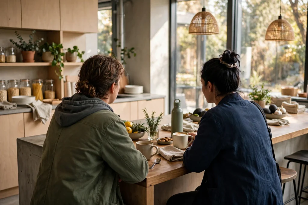 Two people seen from behind sitting at a wooden kitchen counter with mugs of coffee and a water bottle in a sunny shared workspace kitchen