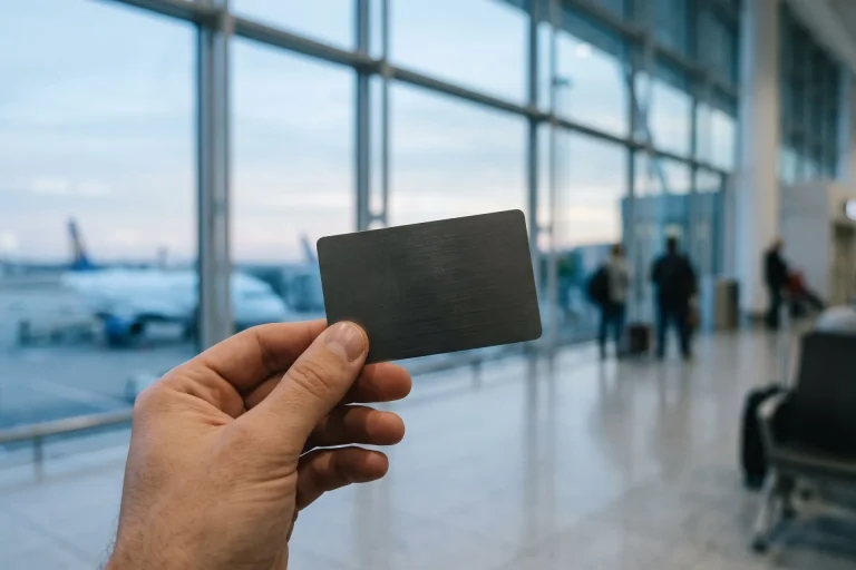 Hand holding a plain dark payment card in front of a blurred airport departures hall with an aircraft outside