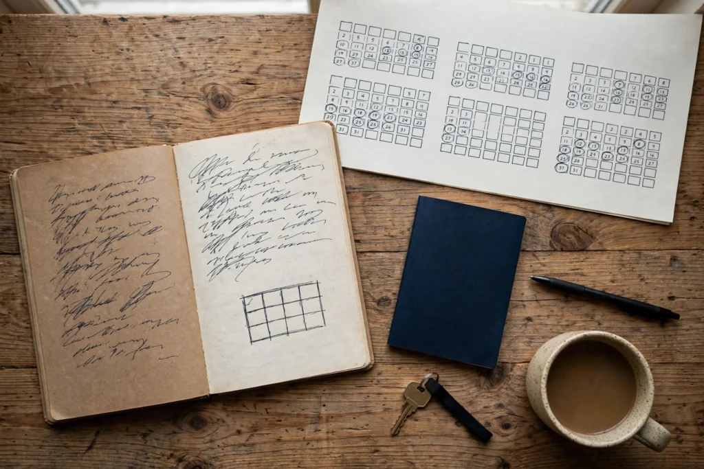 Overhead view of a wooden desk with an open notebook of handwritten notes, a paper calendar sheet with days circled, a passport, a house key, a pen and a cup of coffee