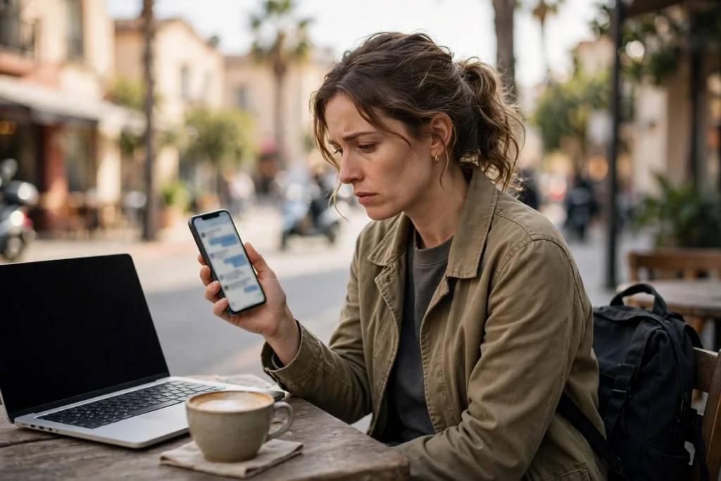 Traveler at a café table looking worriedly at a smartphone showing a blurred chat, with a laptop, coffee and backpack beside them