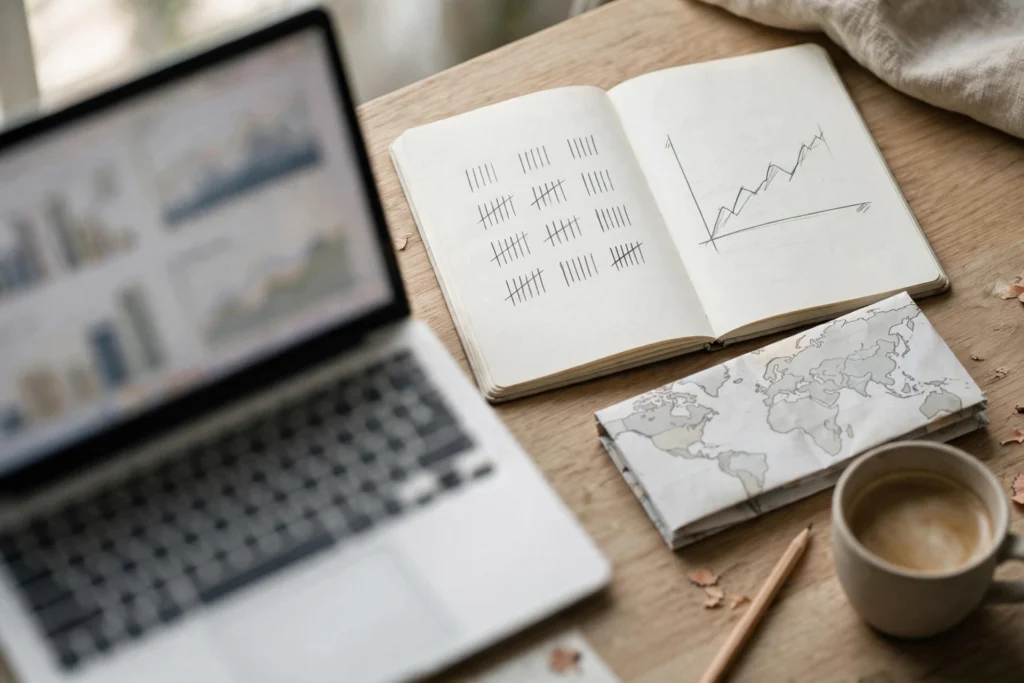 Desk with a laptop showing blurred charts, a notebook with tally marks and a sketched graph, a folded world map and a coffee cup