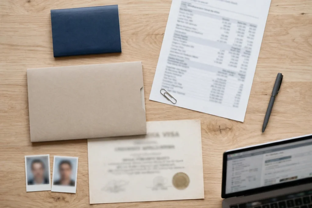 Flat lay of visa application documents including a passport, bank statement, portfolio folder, certificate with seal and passport photos on a wooden desk