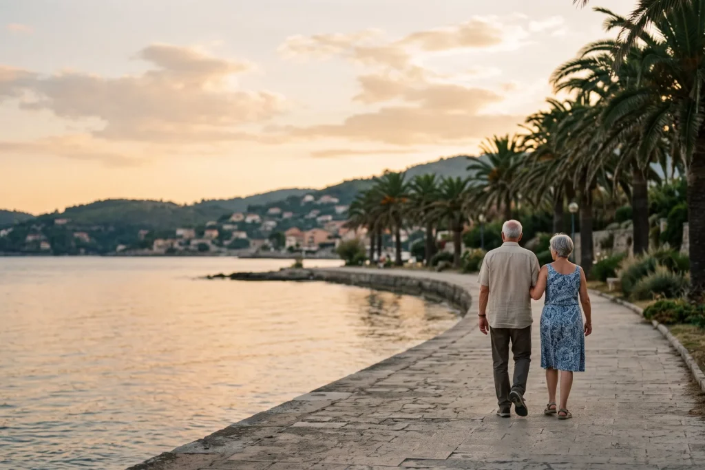 Older couple walking arm in arm along a seaside promenade at golden hour beside a calm bay