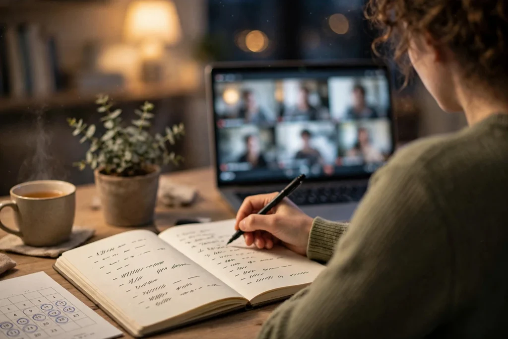 Person writing talking points in a notebook beside a laptop showing a video call grid, a calendar with days circled and a cup of tea on a home-office desk