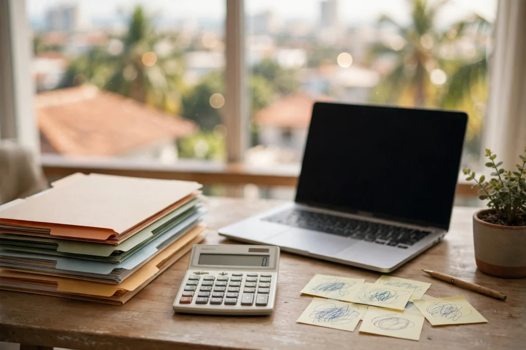 Stack of tabbed folders, a calculator, a laptop and sticky notes on a desk in front of a sunny tropical city view