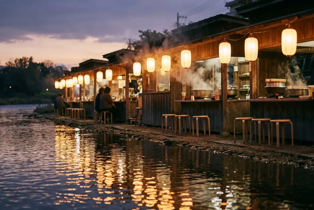 Wooden riverside food stalls with warm lanterns and rising steam at dusk, reflected in the water