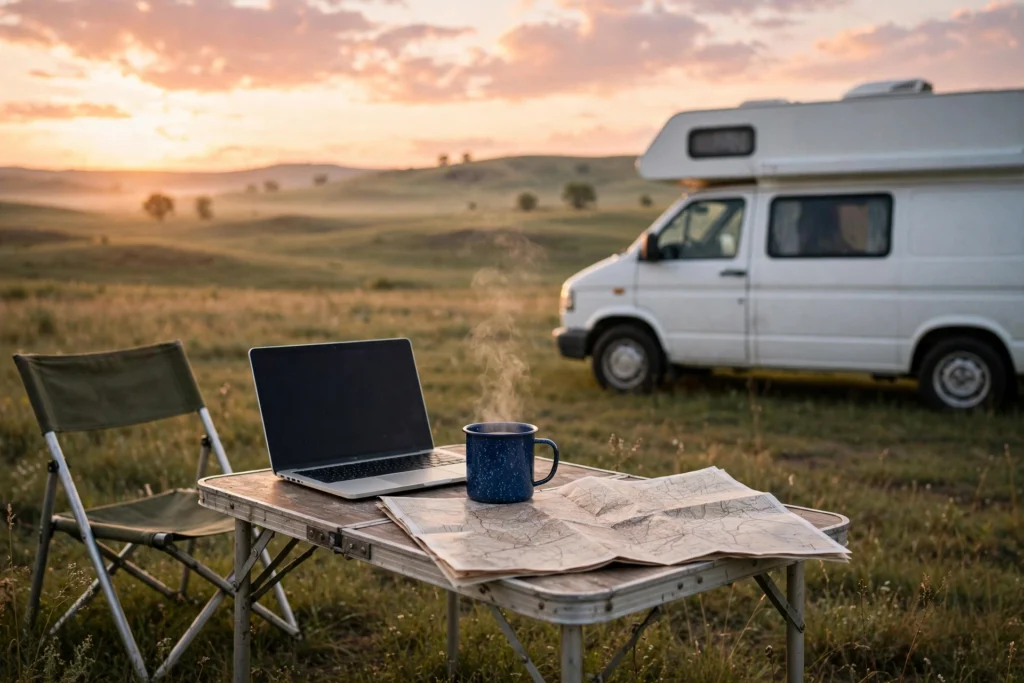 White camper van at a quiet prairie campground at sunrise with a folding table, laptop, steaming mug and paper map in the foreground