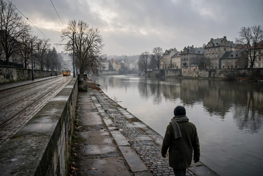 Person in a coat and scarf seen from behind walking along a river embankment on a grey winter afternoon, with a yellow tram and historic buildings across the water
