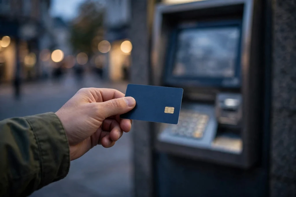 Hand holding a dark blue bank card with a chip in front of a street cash machine at dusk with blurred shop lights behind