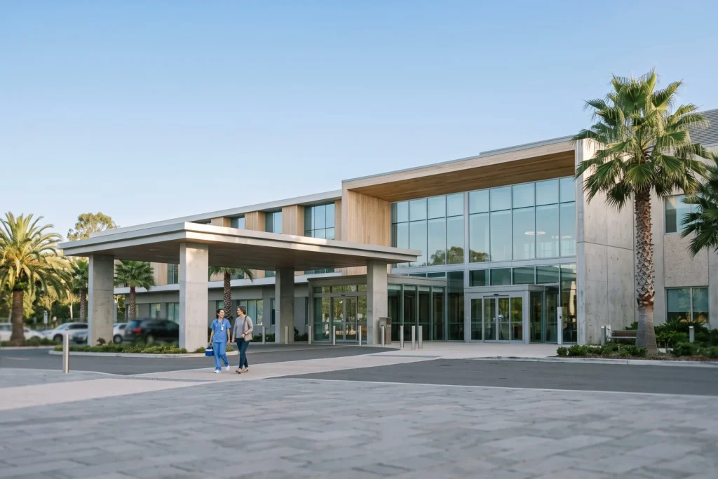 Modern private hospital entrance with glass doors and palm trees under a clear morning sky