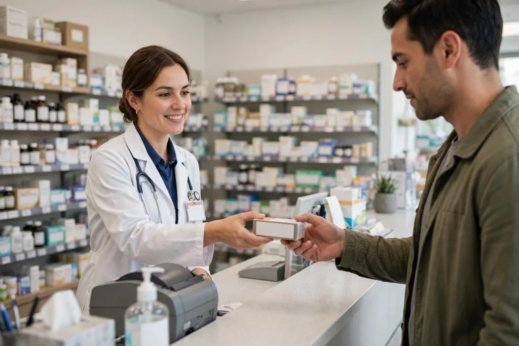 Pharmacist handing a boxed medicine across a pharmacy counter to a customer
