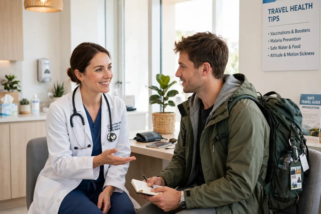 Doctor in a white coat talking with a traveler carrying a backpack in a bright clinic