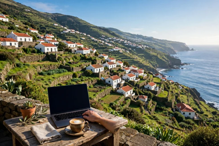 Hand on a laptop at a stone terrace table with a coffee, overlooking green terraced hillsides, white houses with red roofs and the Atlantic ocean
