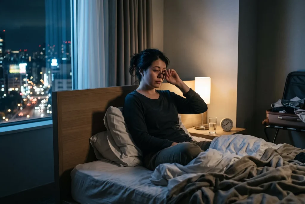 Tired traveler sitting awake in a hotel bed at night rubbing their eye, with a night city skyline outside the window and an open suitcase in the corner