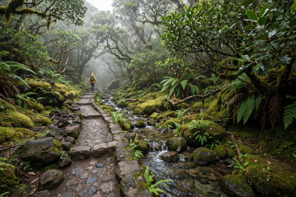 Hiker in a yellow rain jacket seen from behind on a stone-edged path beside a mountain water channel through a misty, mossy laurel forest