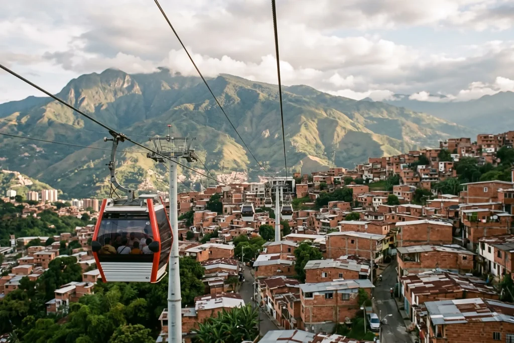 Cable car cabin above a hillside of brick homes with green mountains behind