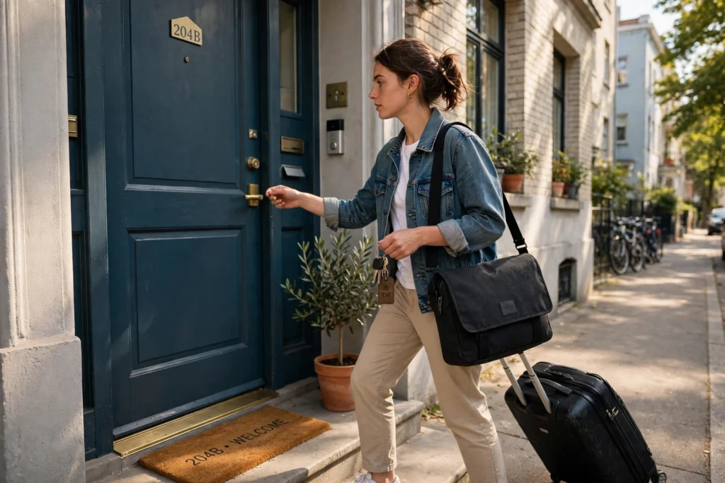 Person with a suitcase and laptop bag holding keys at the front door of a new apartment