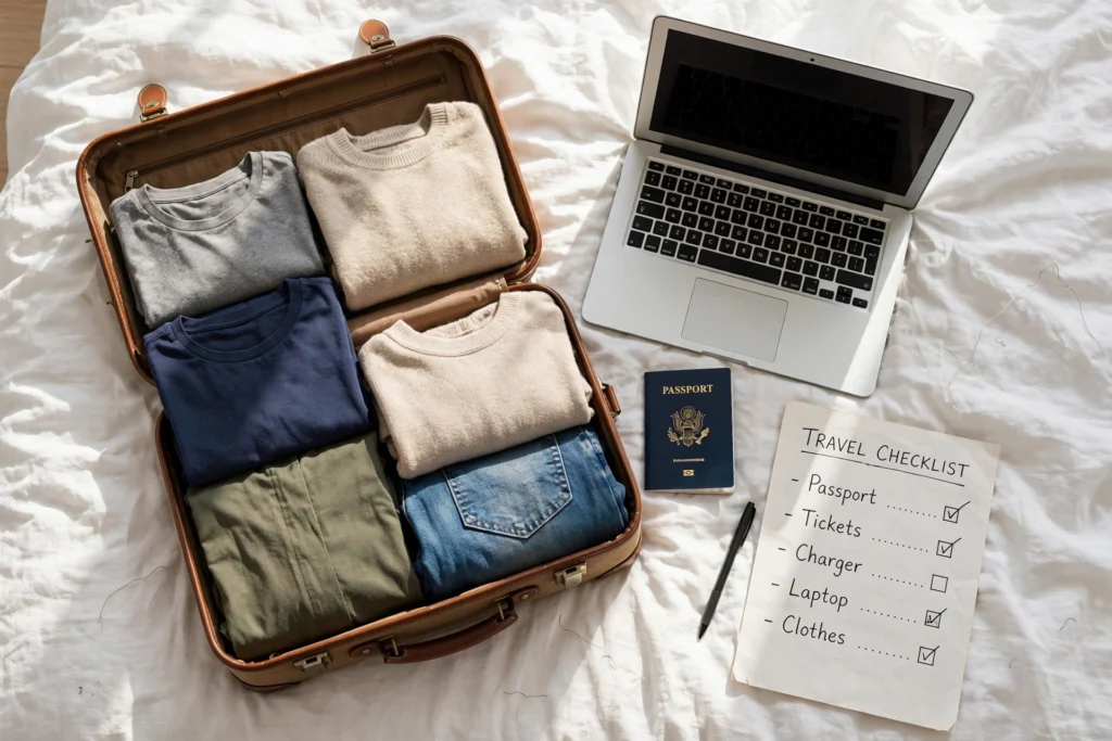 Open suitcase with folded clothes beside a laptop, passport and handwritten travel checklist on a bed