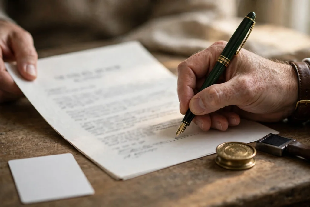 Hand signing a document with a fountain pen on a notary desk beside a brass embossing seal and an ink stamper