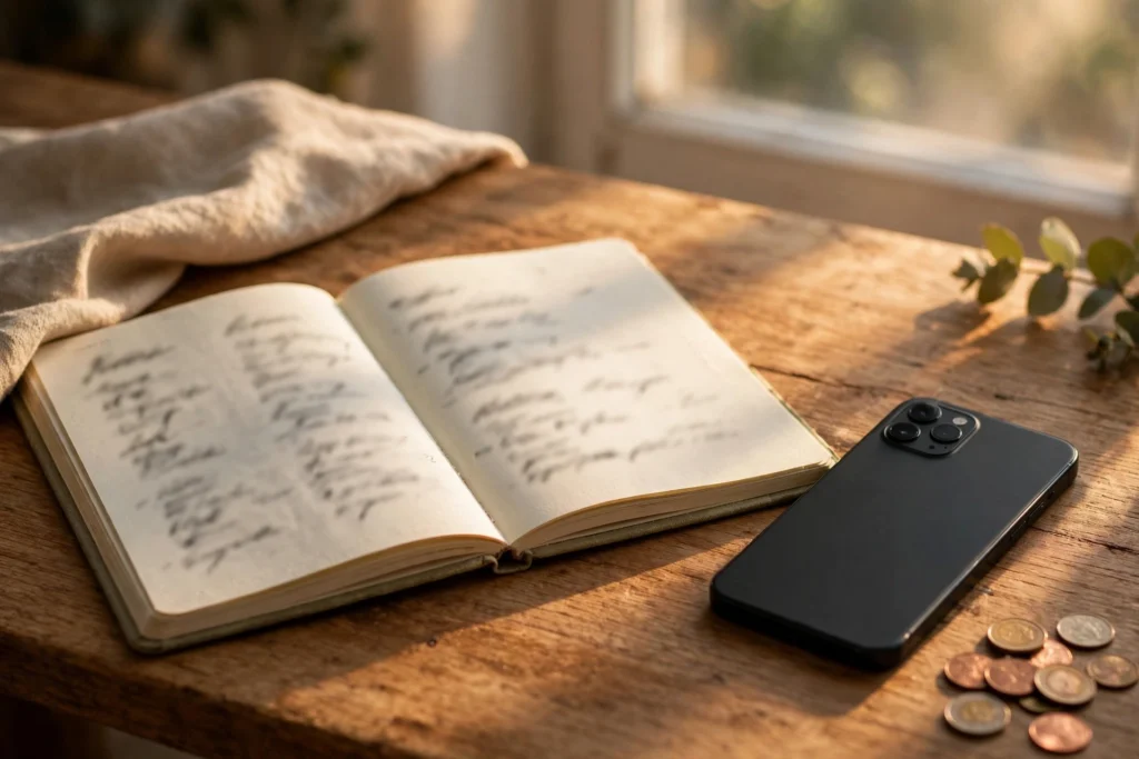 Open notebook with handwritten columns, a black smartphone and a small pile of coins on a wooden desk in warm window light