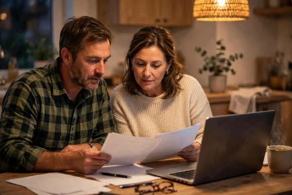 Middle-aged couple reading papers beside a laptop at a kitchen table