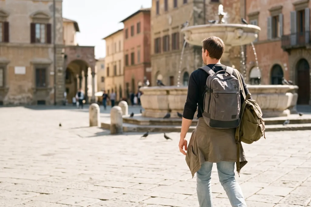 Traveler with a compact carry-on backpack and small daypack walking across a sunlit old-town square past a stone fountain