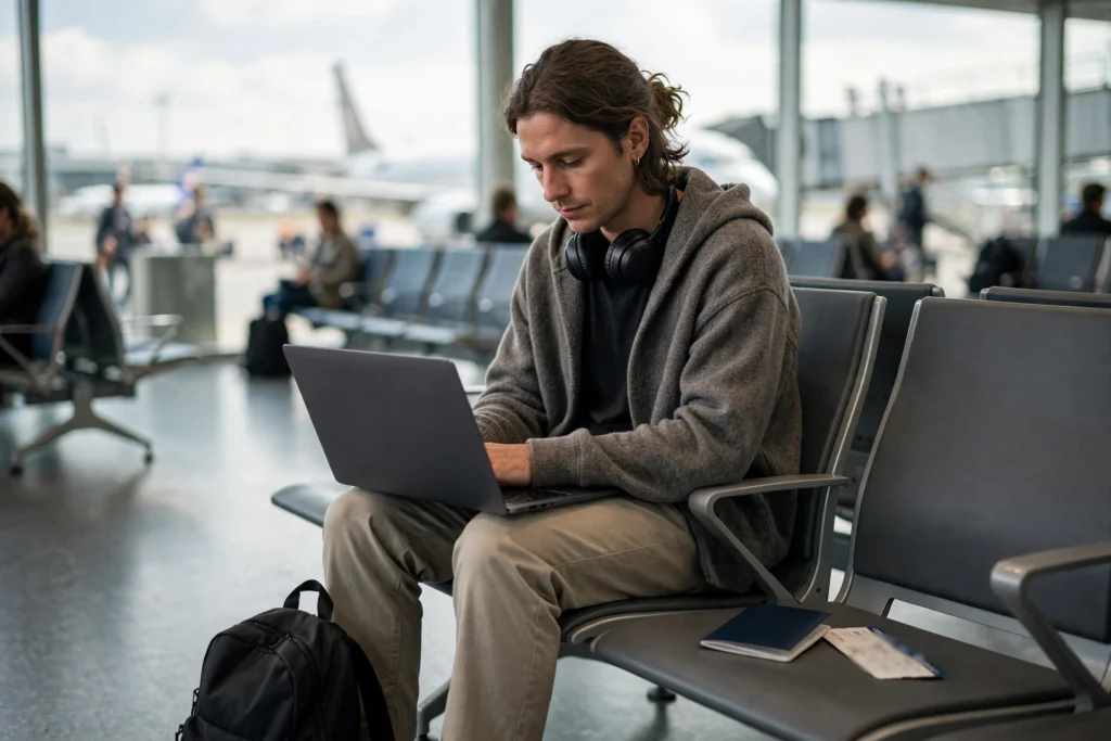 Remote employee working on a laptop at an airport gate with a backpack, passport and boarding pass on the seat beside them