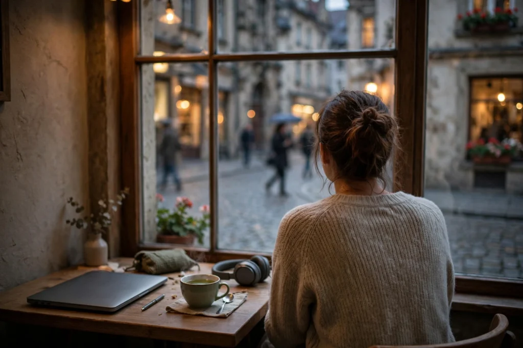 Remote worker seen from behind sitting alone at a small café table by a window overlooking a rainy cobbled old-town street at dusk, with a closed laptop, headphones and a cup of tea