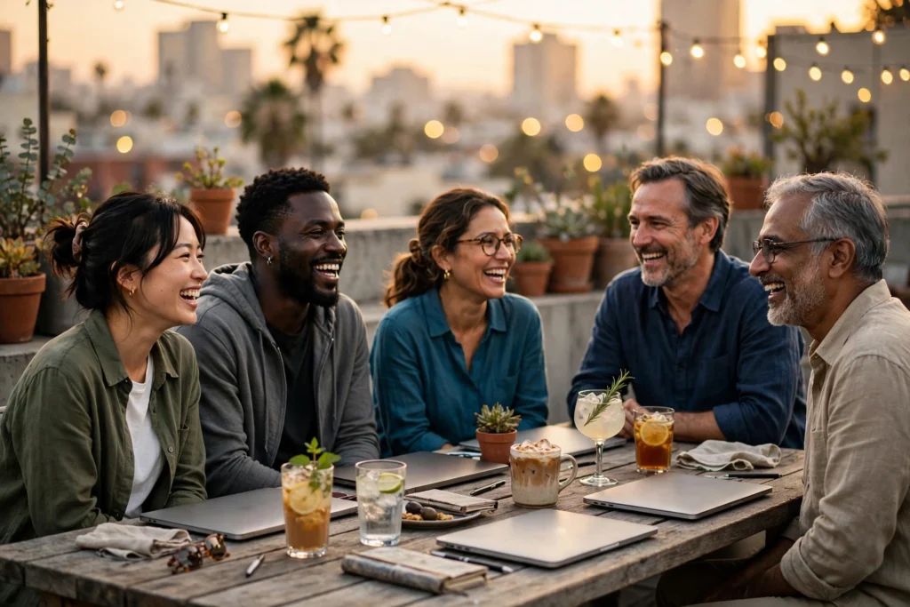 Five remote workers of different ages laughing around a long table on a rooftop terrace at golden hour with closed laptops and drinks