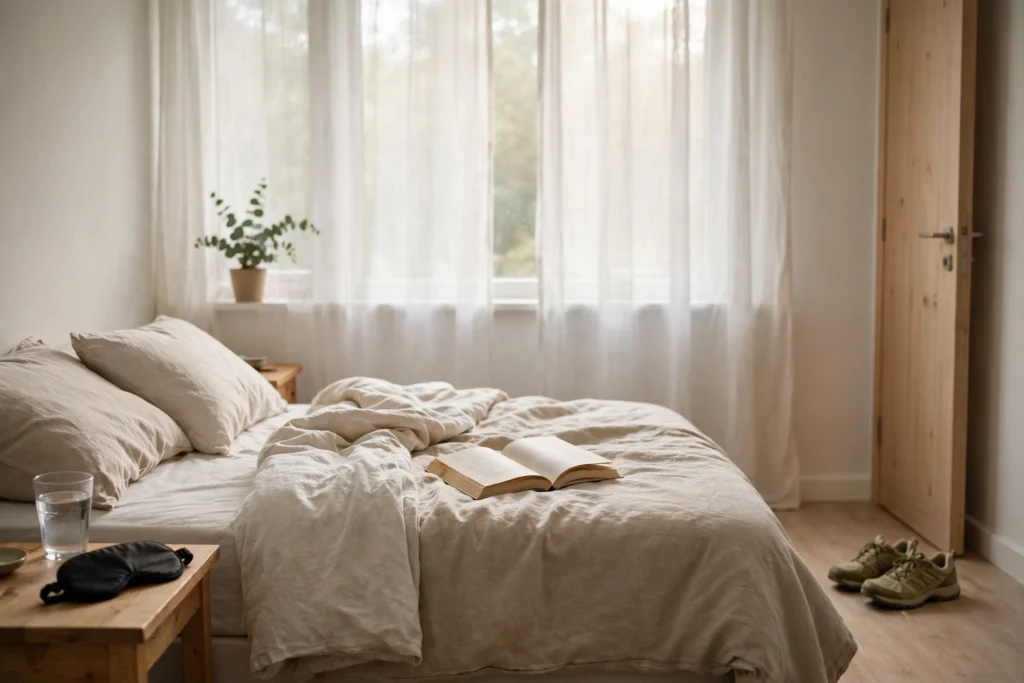 Calm bedroom in soft morning light with an open book on the bed, a glass of water and a sleep mask on the bedside table and walking shoes by the door
