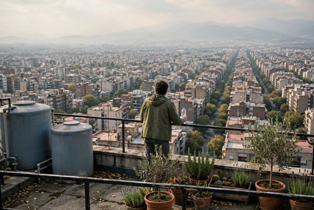 Person seen from behind on a rooftop terrace holding a water bottle and looking over a wide, hazy city of mid-rise buildings with distant mountains