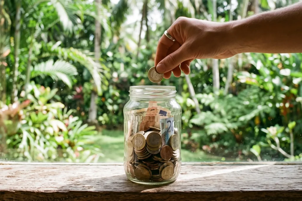 Hand dropping a coin into a glass jar of coins and banknotes on a sunlit windowsill with a tropical garden outside