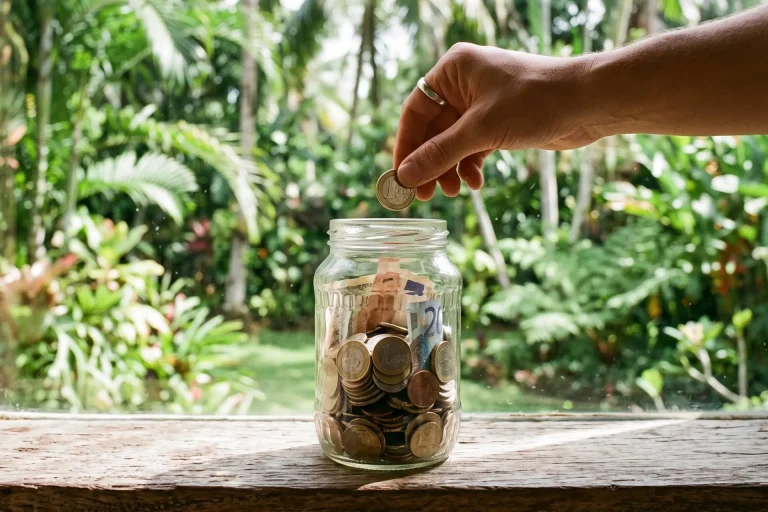 Hand dropping a coin into a glass jar of coins and banknotes on a sunlit windowsill with a tropical garden outside