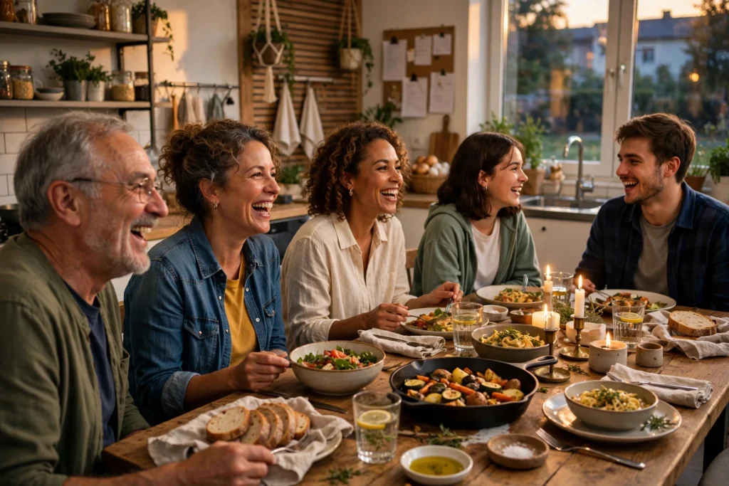 Five people of different ages laughing over a shared home-cooked dinner at a long wooden table in a bright community kitchen with candles